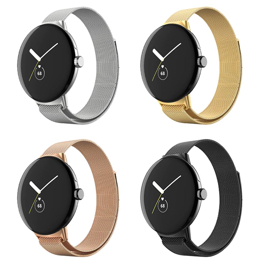Google Pixel smartwatch with magnetic Milanese mesh band in silver, gold, rose gold and black color options
