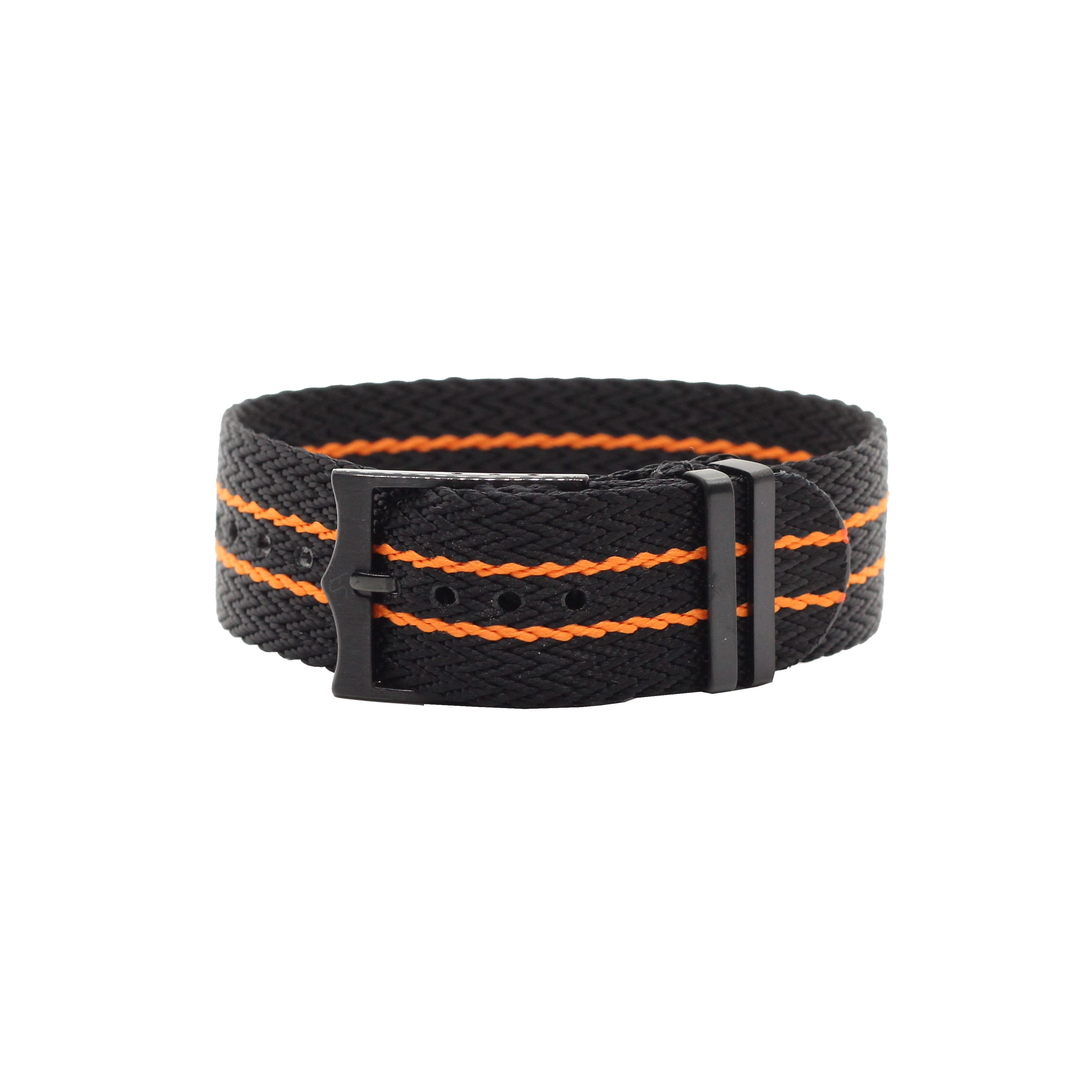 Black and orange striped military-style fabric watch strap with black metal buckle and hardware, adjustable length