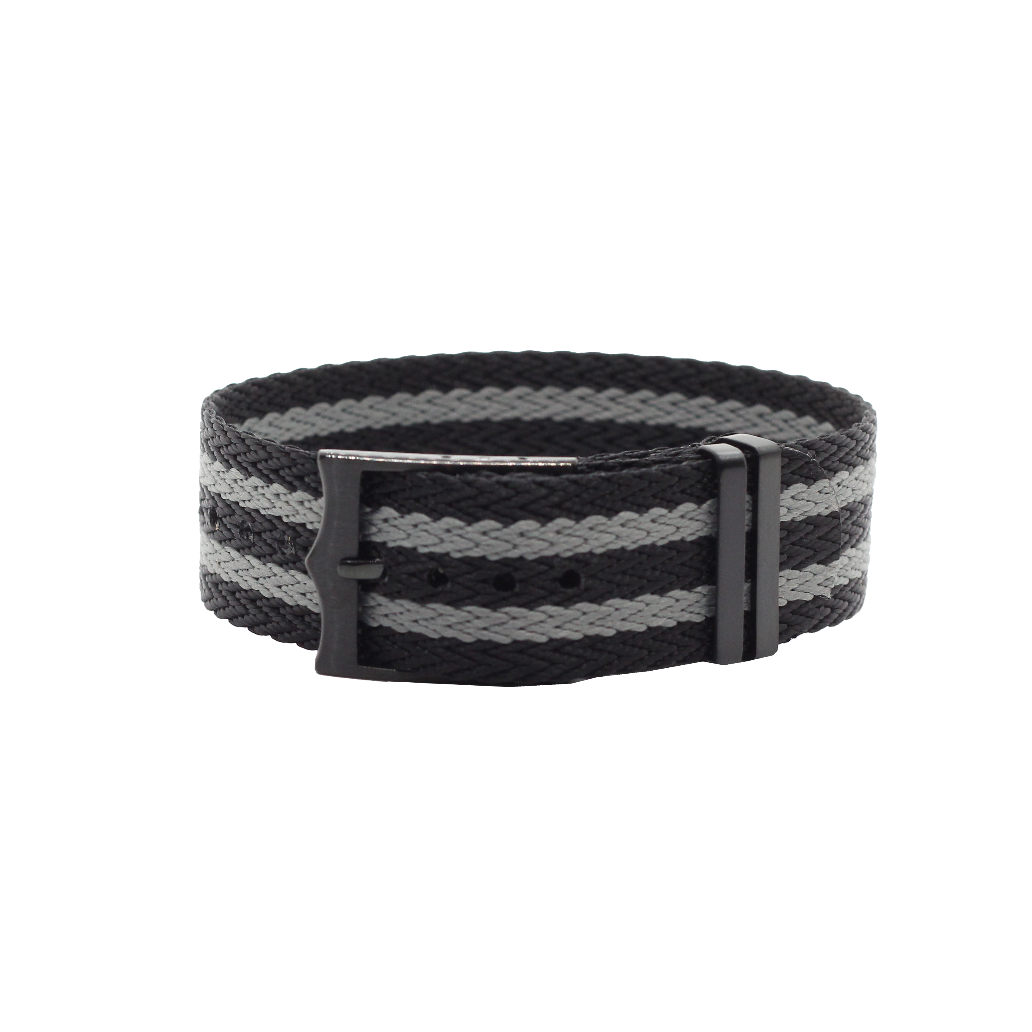 Adjustable black and grey striped canvas military belt with black metal buckle hardware