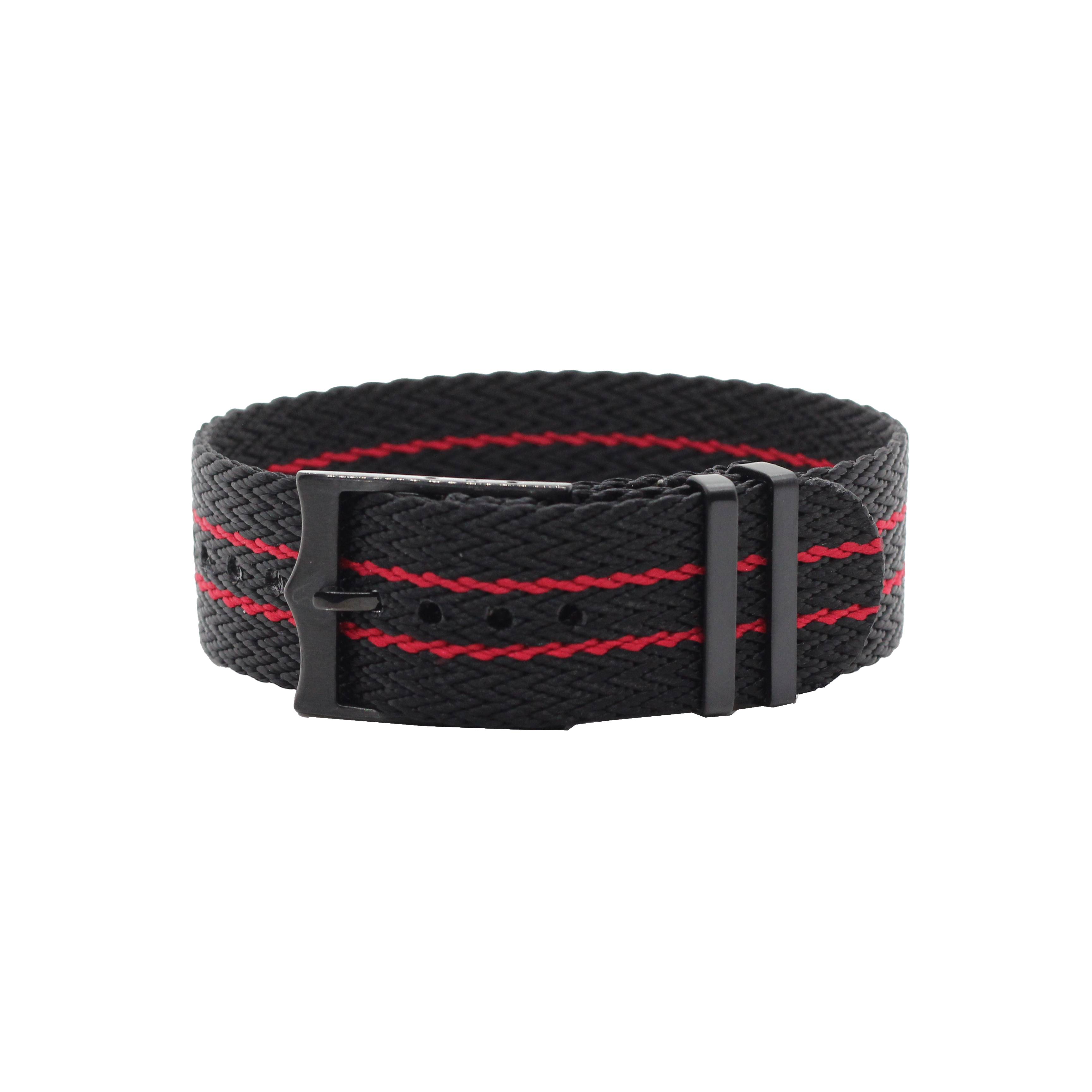 Black and red striped military canvas belt with black metal buckle and hardware, adjustable fit