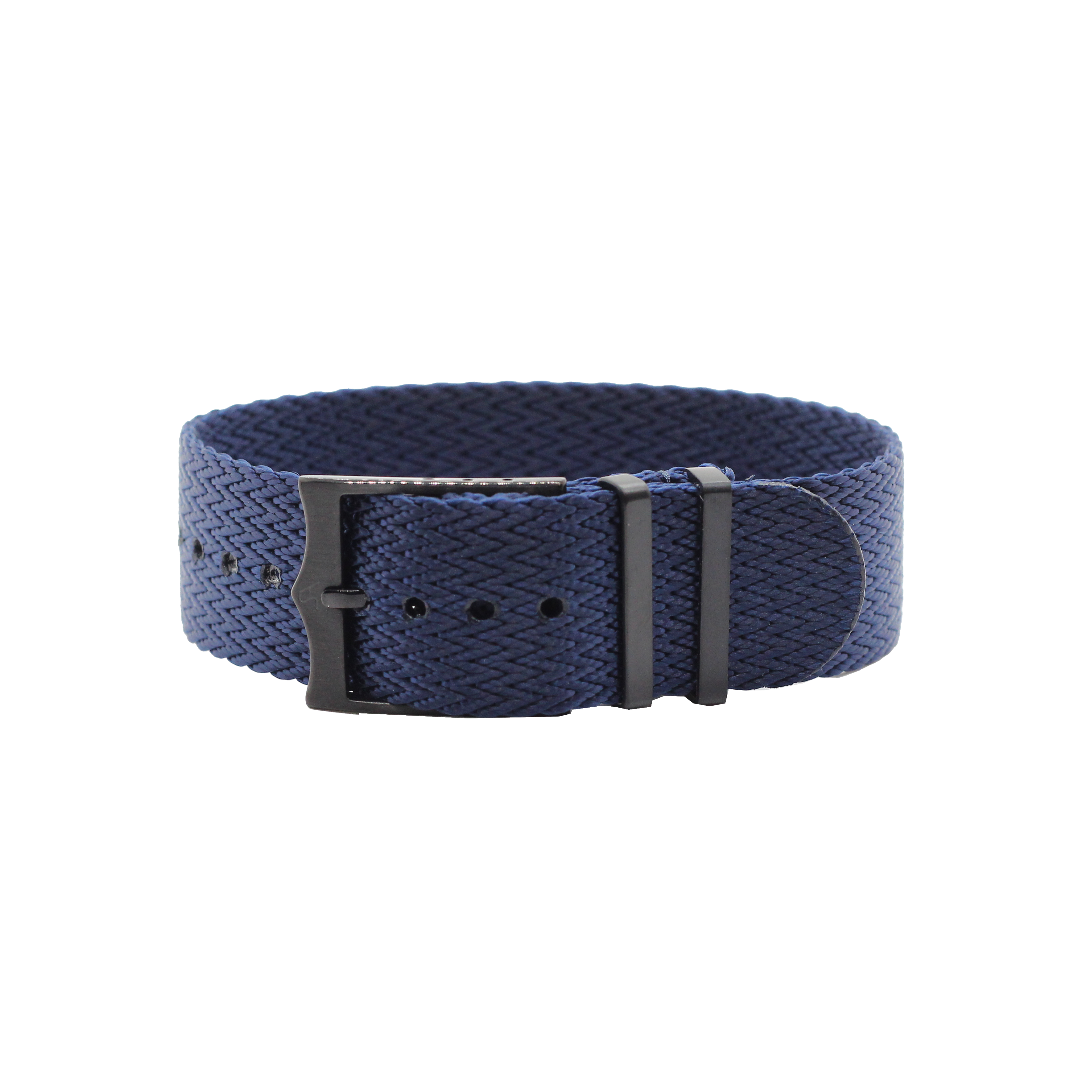 Navy blue woven fabric watch strap with black buckle and metal keepers, adjustable fit