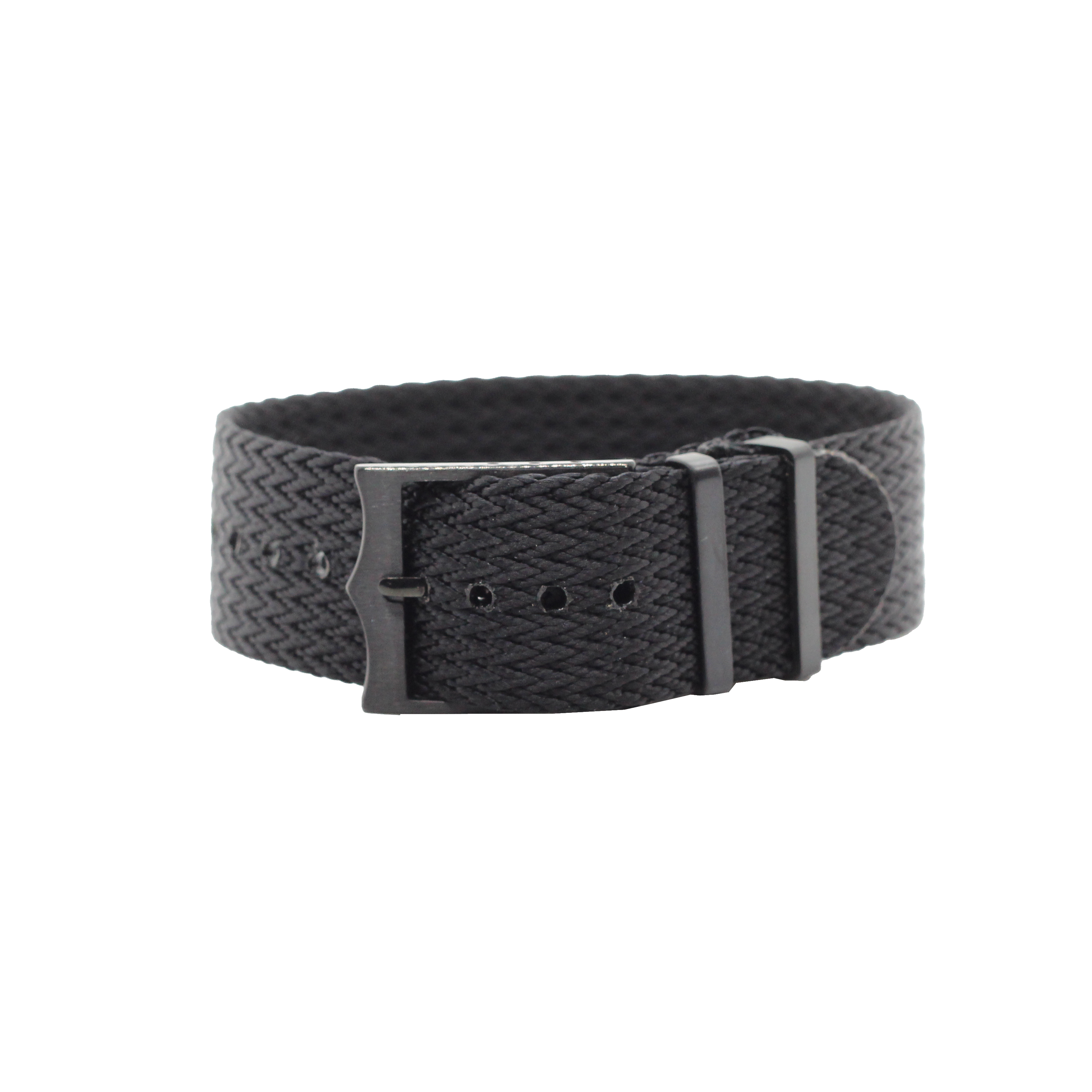 Black textured fabric military-style belt with black metal buckle and hardware, adjustable fit