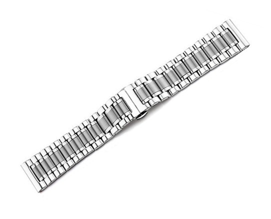 Silver stainless steel curved watch bracelet with polished links and deployment clasp