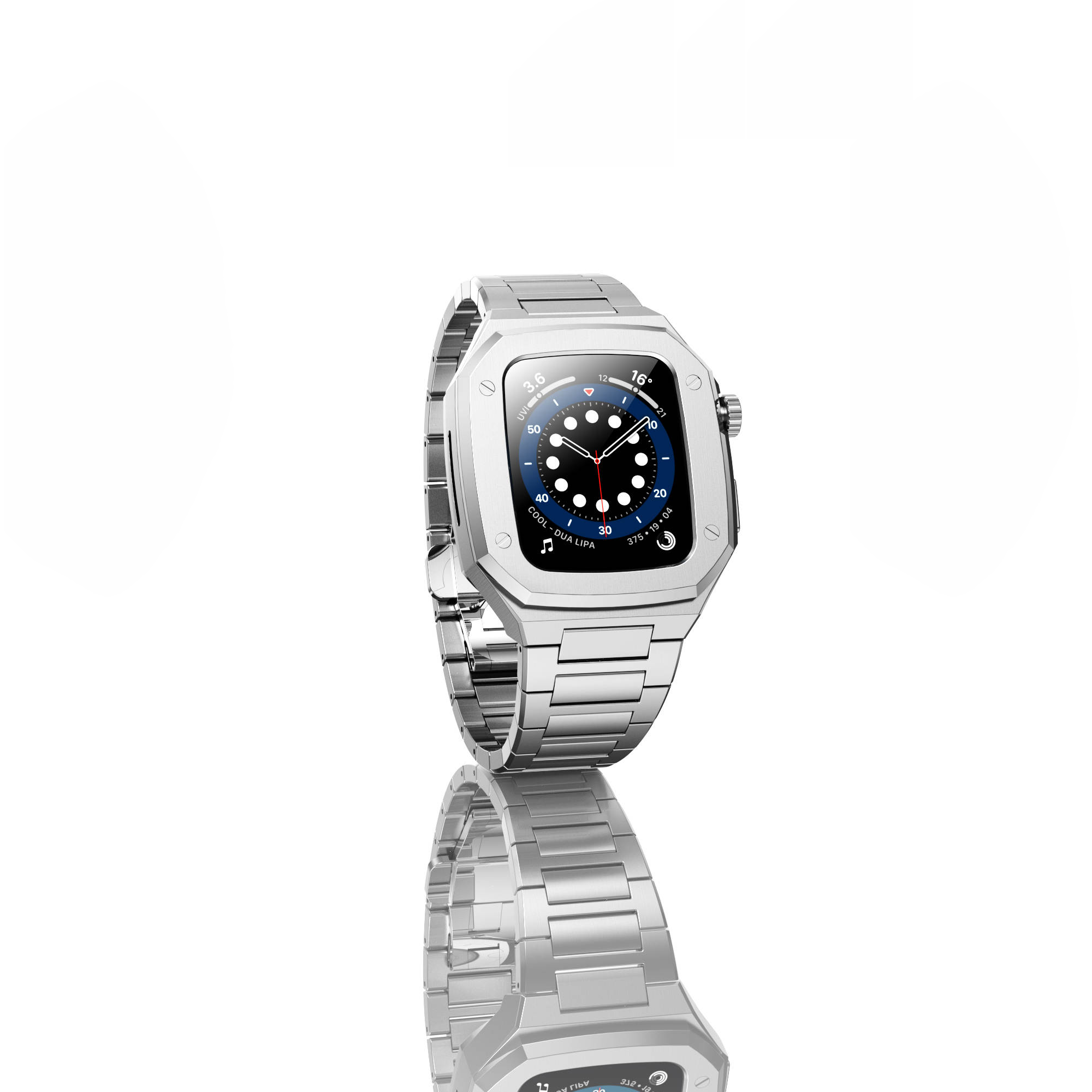 Silver stainless steel smartwatch with square face, blue dial, and metal link band displaying time and fitness metrics