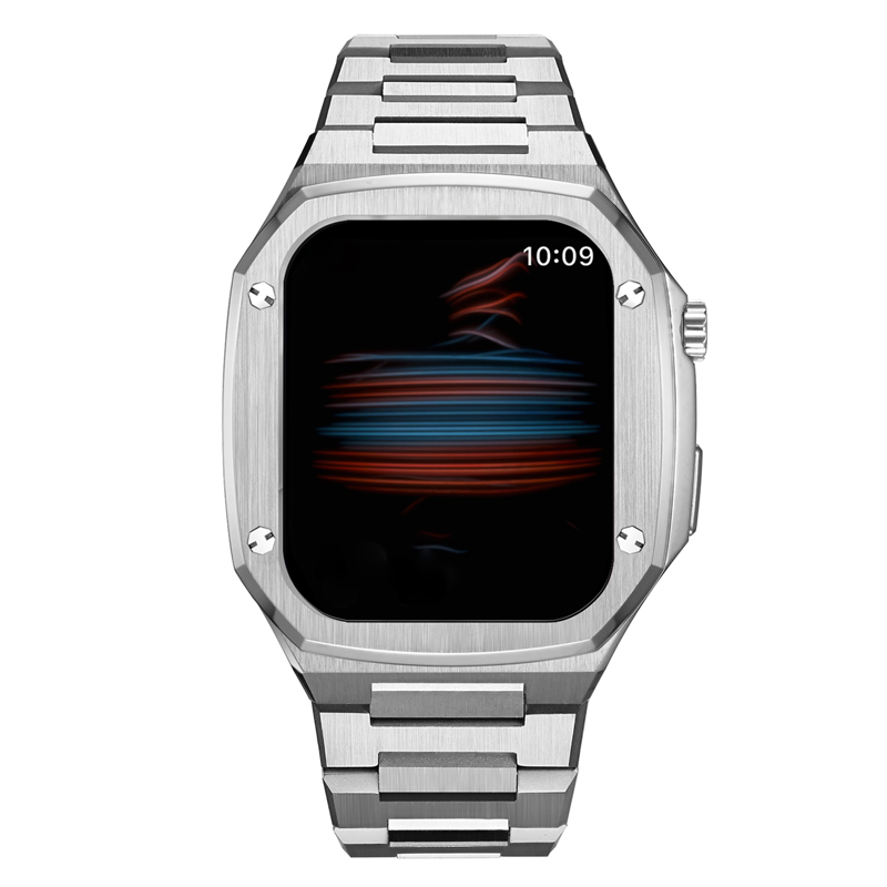 Silver stainless steel smartwatch with rectangular face and matching metal band, displaying digital time display at 10:09