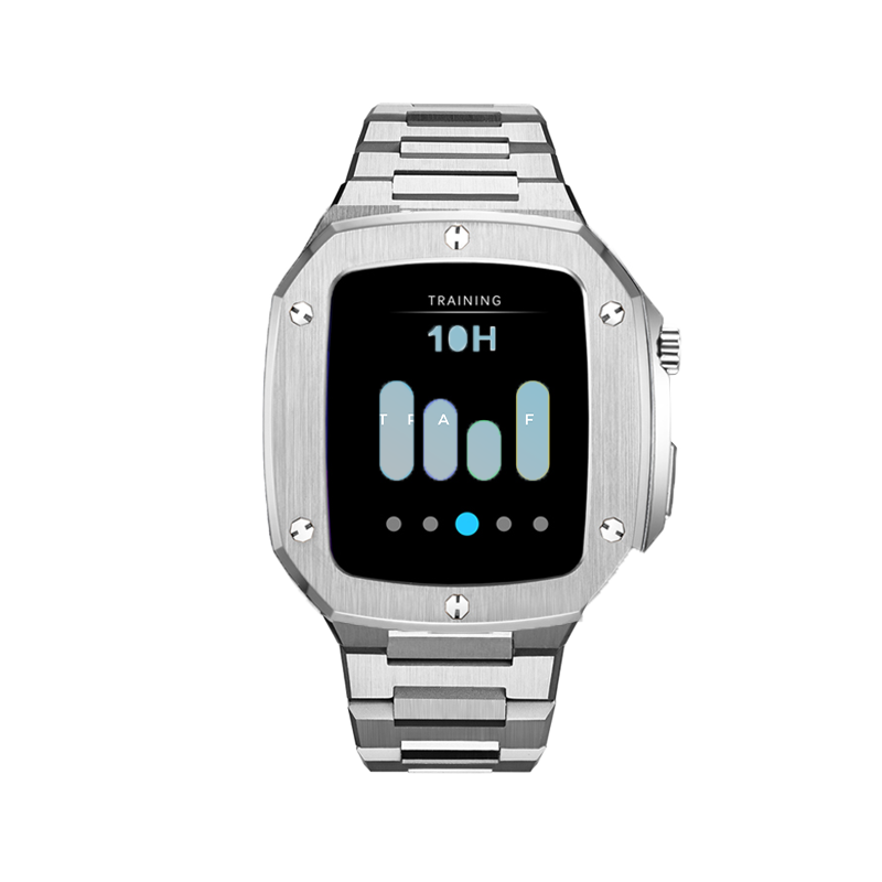 Silver stainless steel smartwatch with training mode display showing 10 hours activity tracking on black screen with metal bracelet band