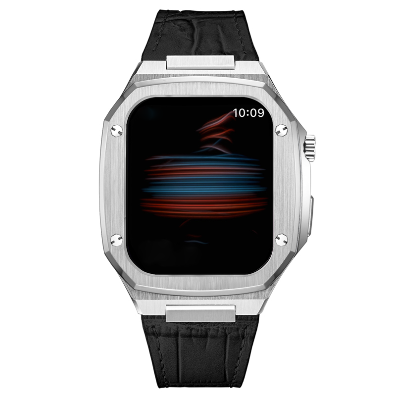 Silver stainless steel luxury smartwatch with black leather strap and digital display showing time 10:09