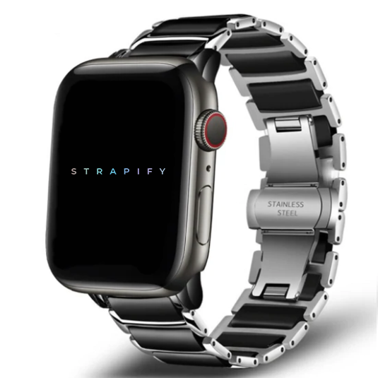 Strapify stainless steel and black ceramic smartwatch bracelet for Apple Watch with silver metal links and adjustable band