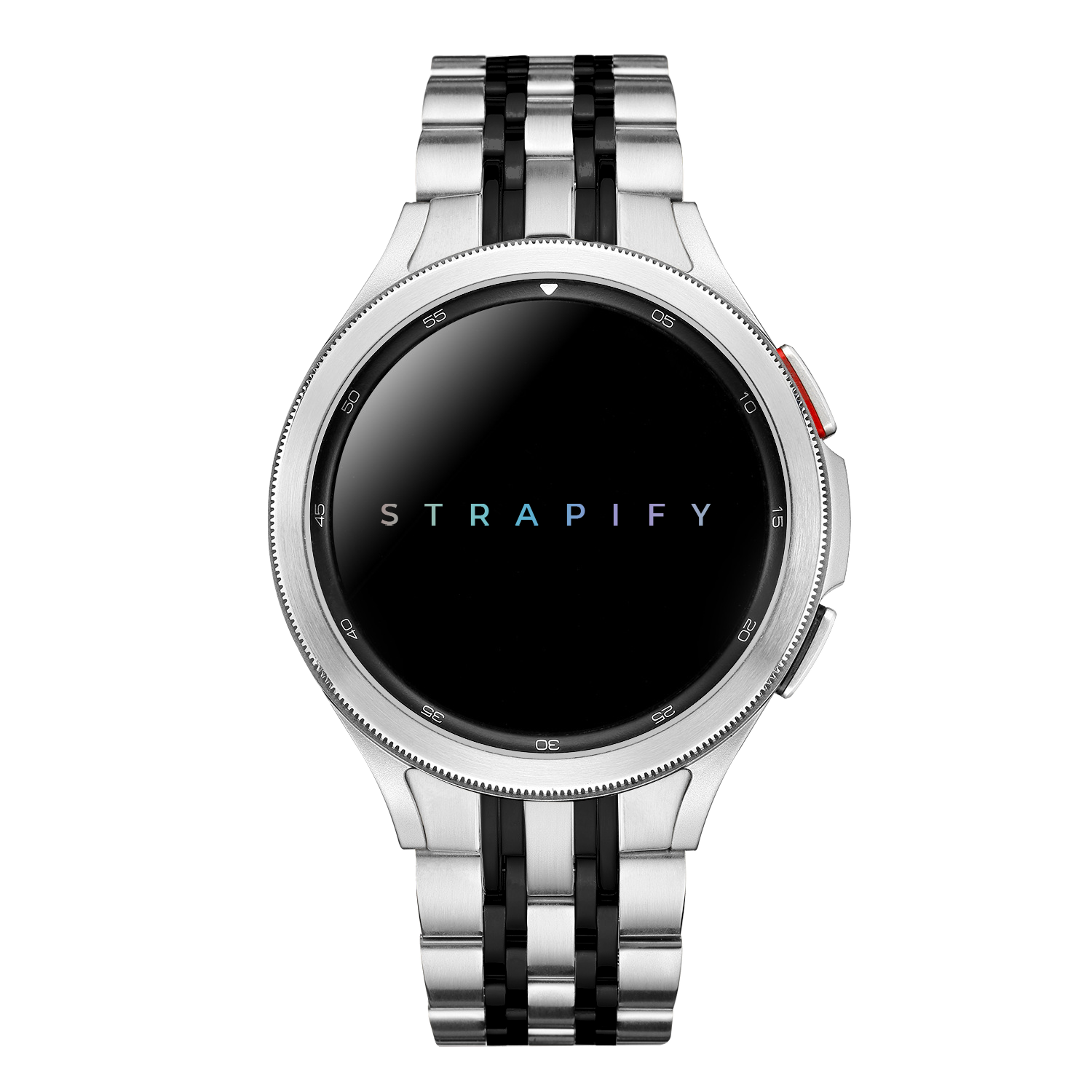 Strapify silver and black steel bracelet smartwatch band with AMOLED display and rotating bezel