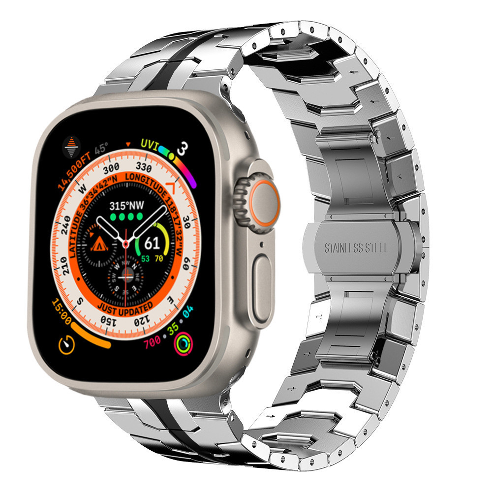 Titanium smartwatch with stainless steel bracelet band, digital compass and multi-colored dial display