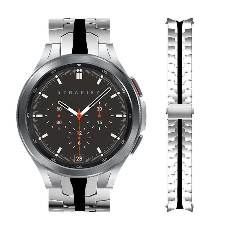 Strapify stainless steel bracelet with black stripe for Galaxy Watch 4-7, shown with fitted two-tone metal band and quick-release pins