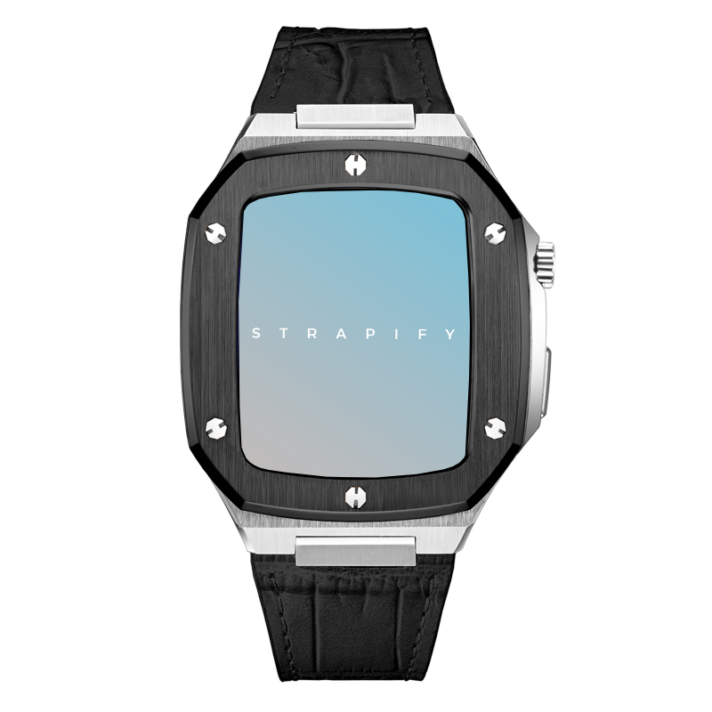 Strapify luxury steel smartwatch with black textured bezel, silver accents, and black leather strap on light blue display