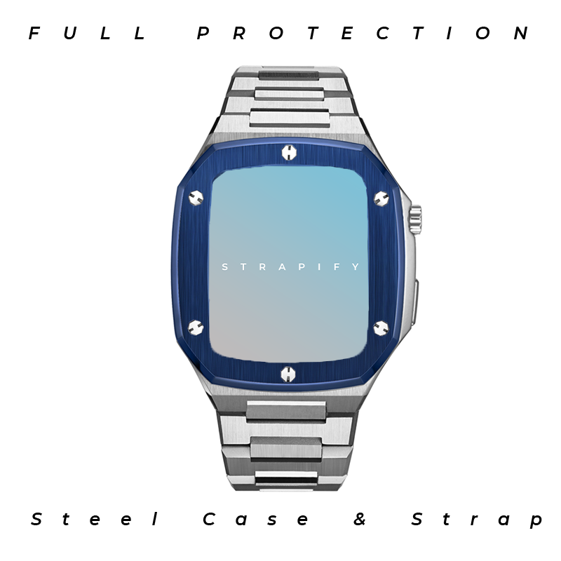 Strapify luxury steel smartwatch with silver bracelet and blue bezel, full protection design