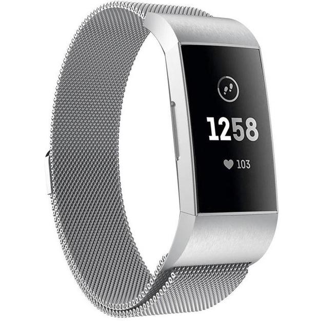 Silver milanese mesh band for Fitbit Charge 3 and 4 fitness tracker with heart rate monitor display