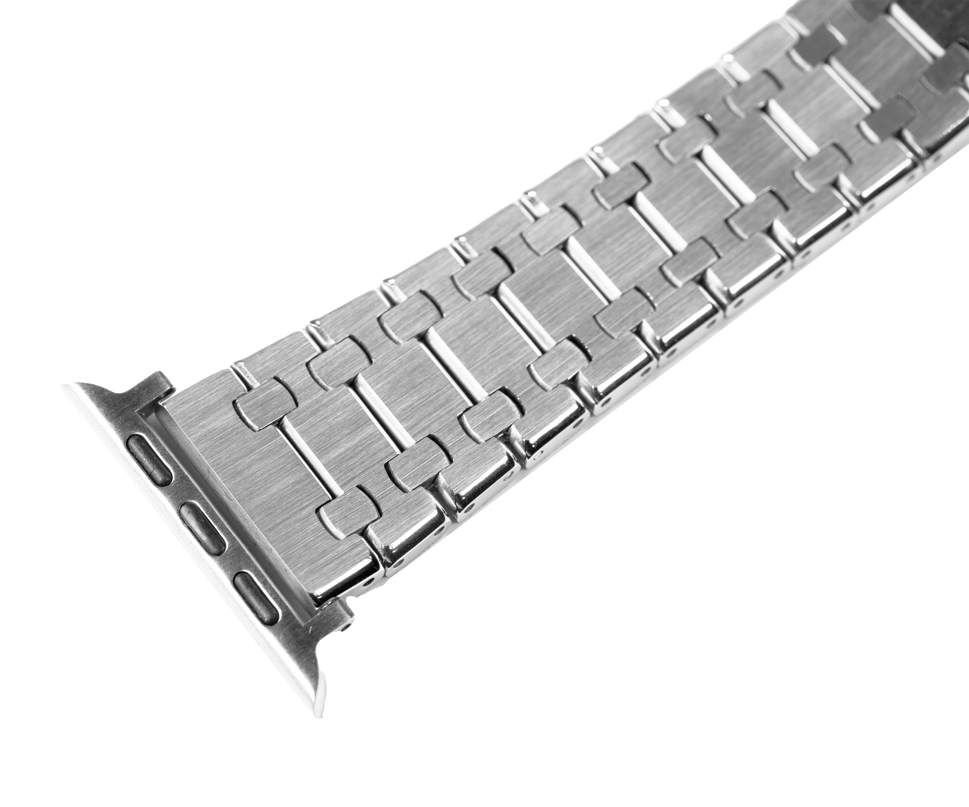 Silver stainless steel medallion link bracelet for Apple Watch with polished metal bands and connector lugs