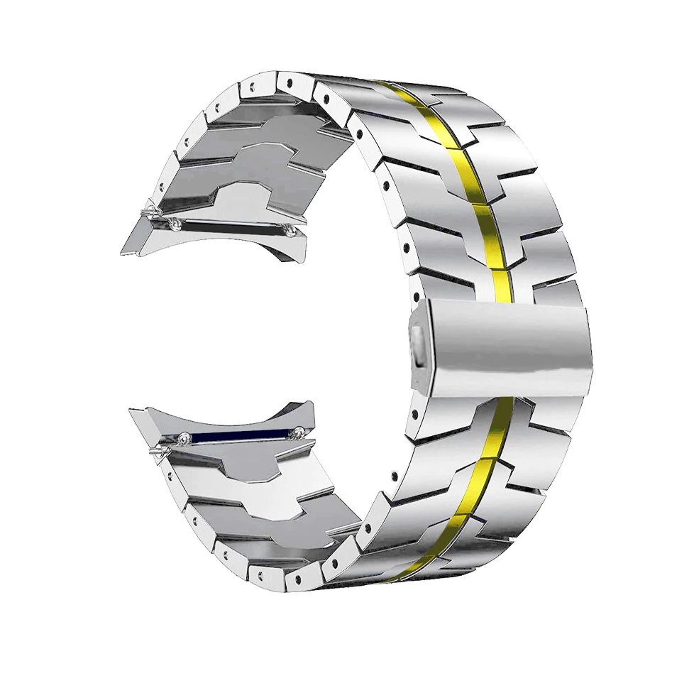 Silver stainless steel smartwatch band with yellow gold accents and articulated links, shown open and closed views for Galaxy Watch 4-7