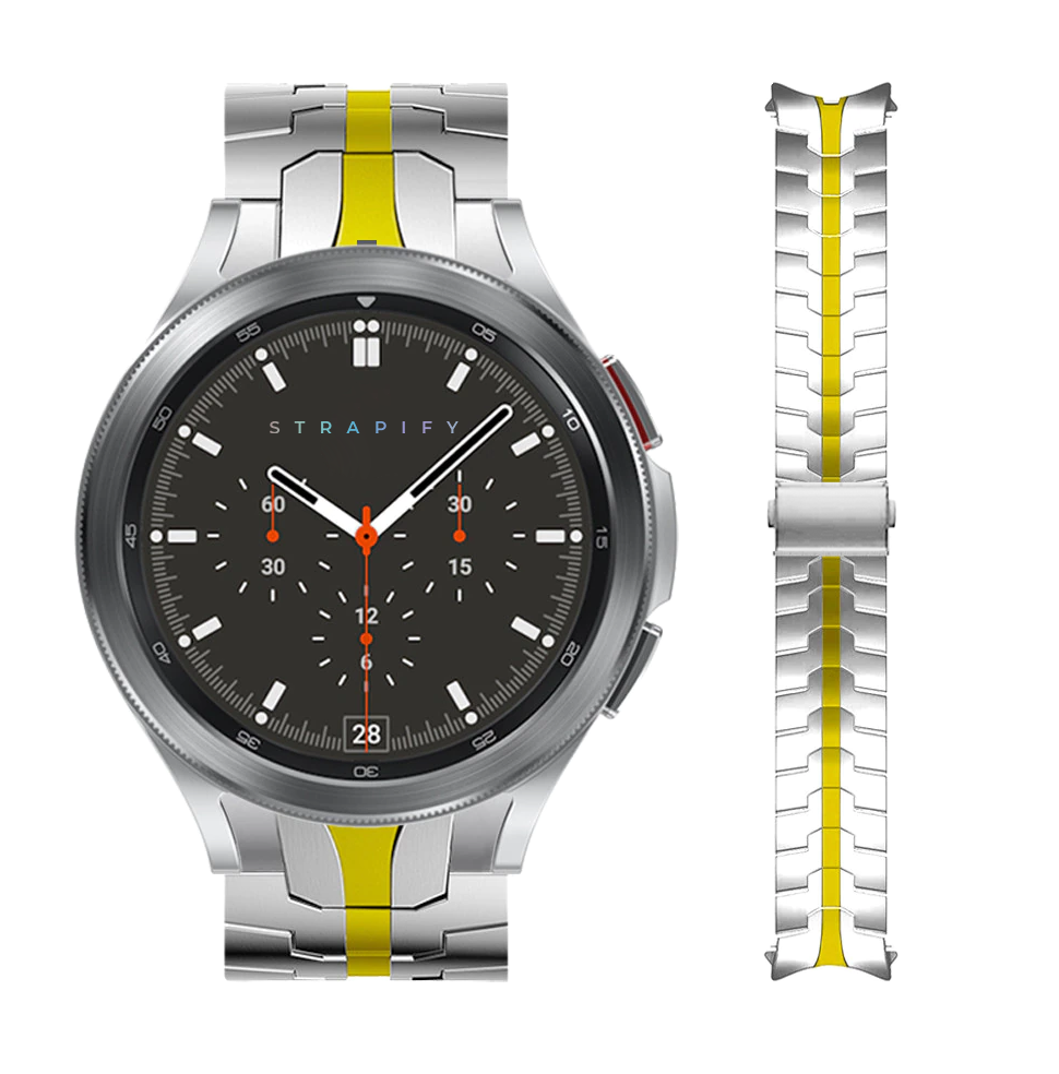 Strapify Armour steel bracelet with yellow accent stripe for Galaxy Watch 4-7, silver metal links shown front and back view