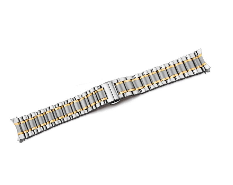 Two-tone silver and gold curved stainless steel watch bracelet with solid metal links and deployant clasp