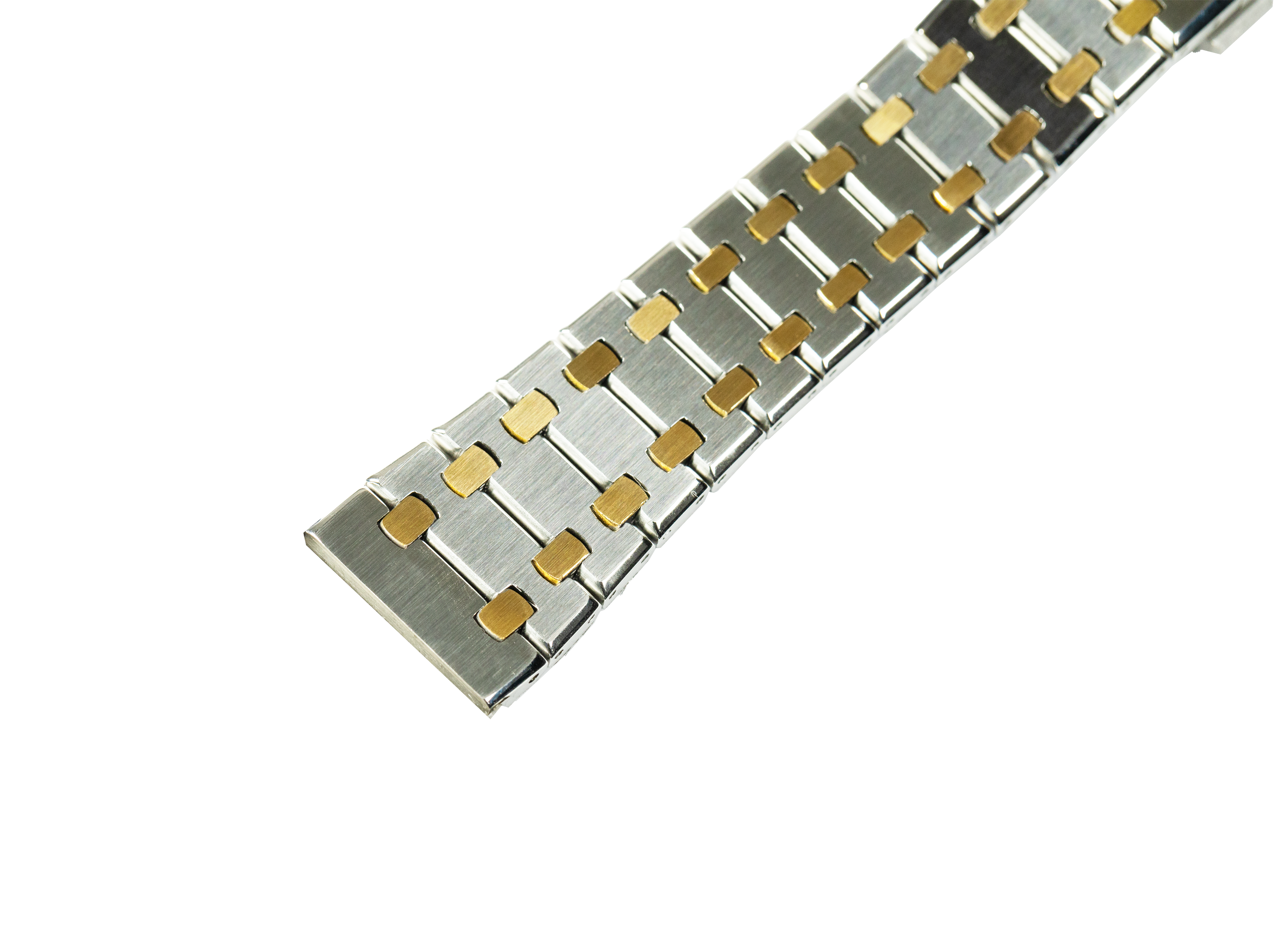 Two-tone stainless steel and gold quick release watch bracelet with alternating metal links on white background