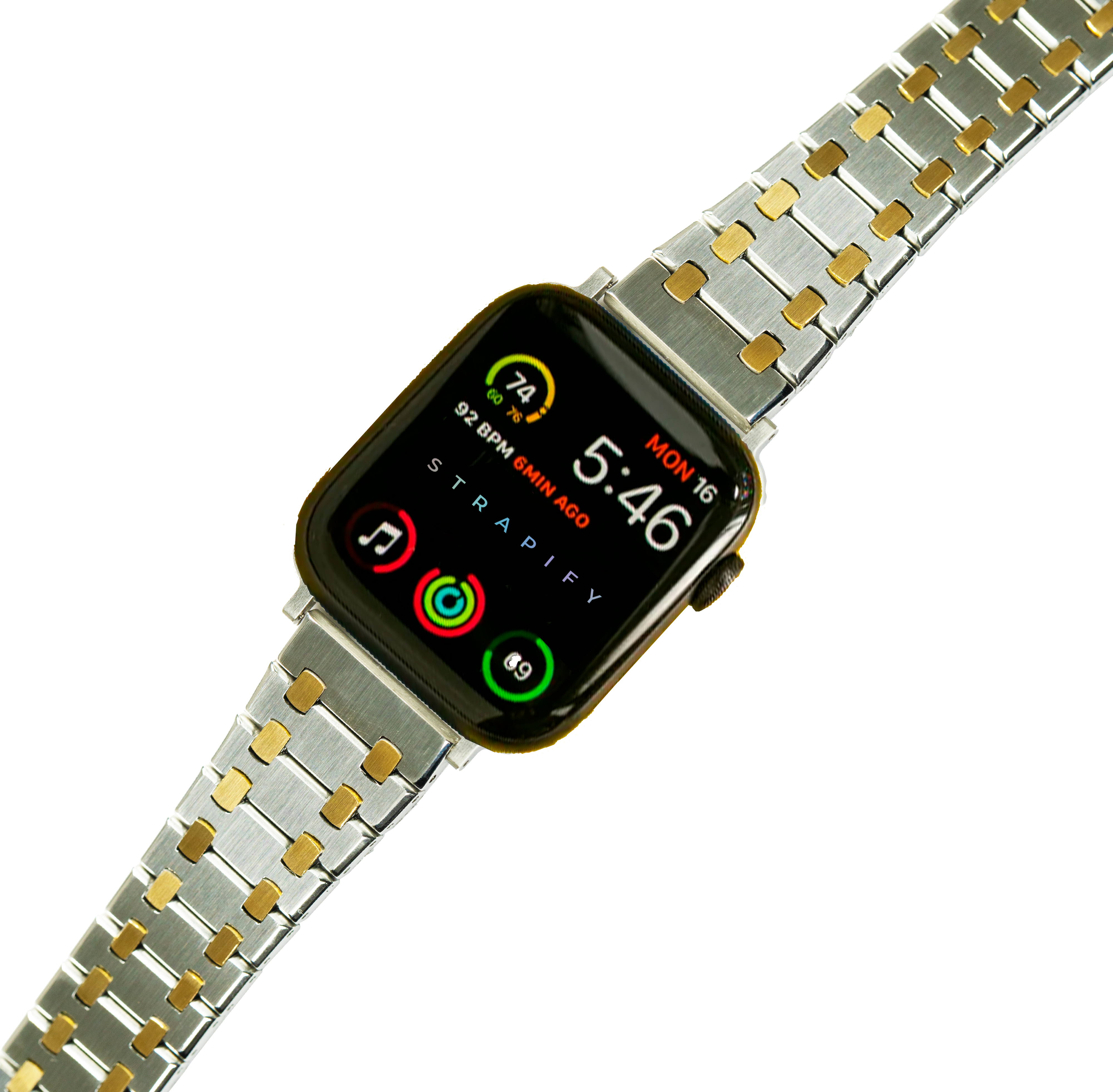 Two-tone silver and gold stainless steel smartwatch bracelet with black square display showing fitness rings and time