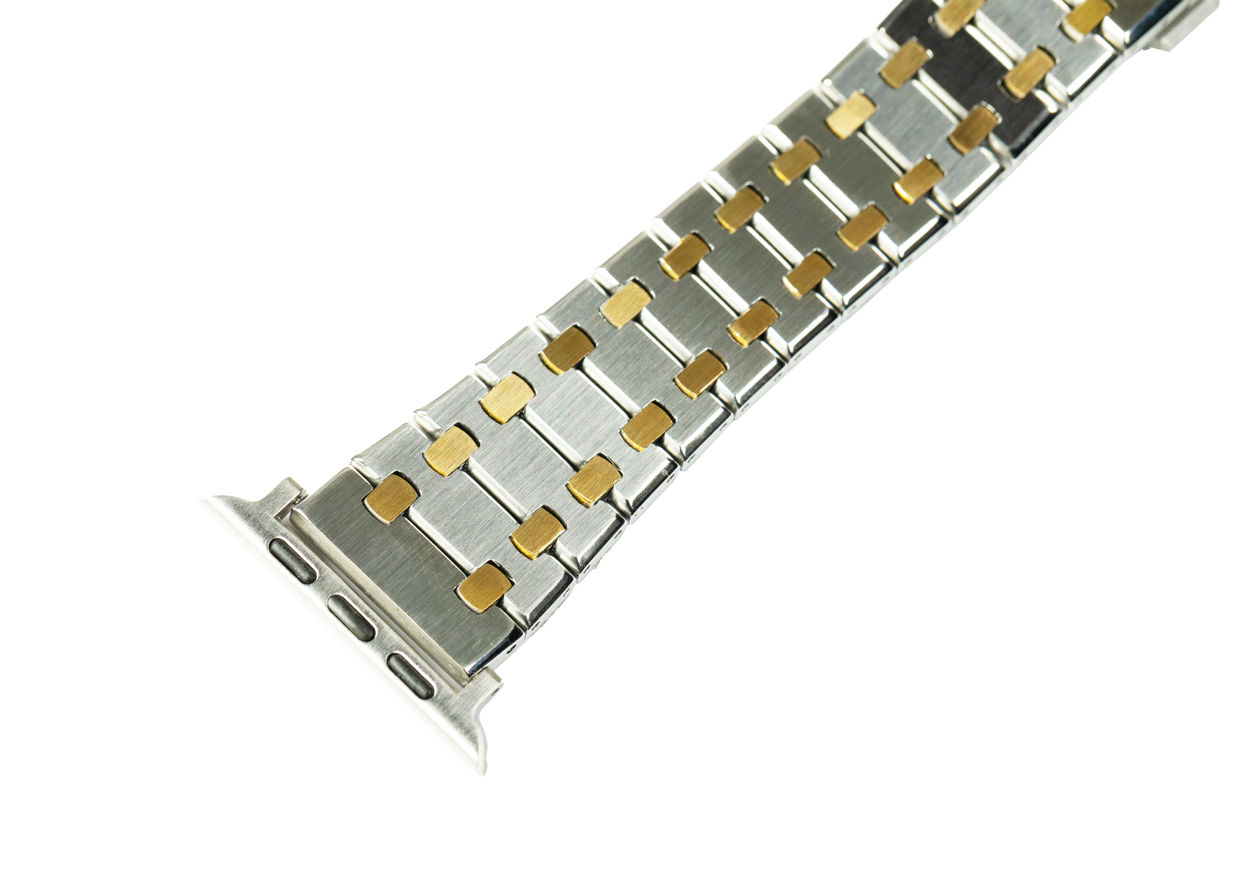 Two-tone silver and gold stainless steel Apple Watch band with rectangular link design and connector lugs
