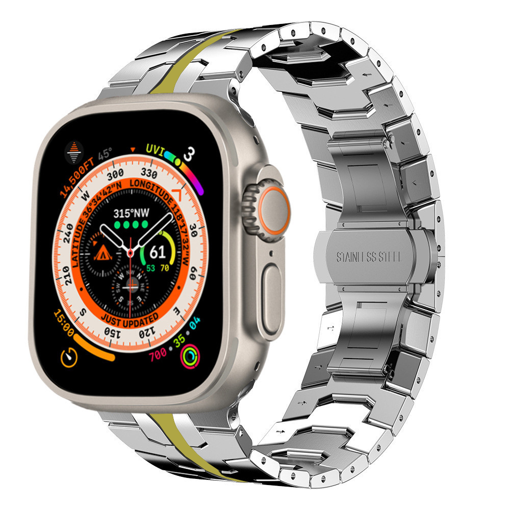 Stainless steel smartwatch with compass dial display and matching metal link bracelet band