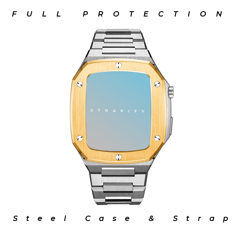 Luxury gold and silver smartwatch with stainless steel bracelet and brushed gold bezel with blue display
