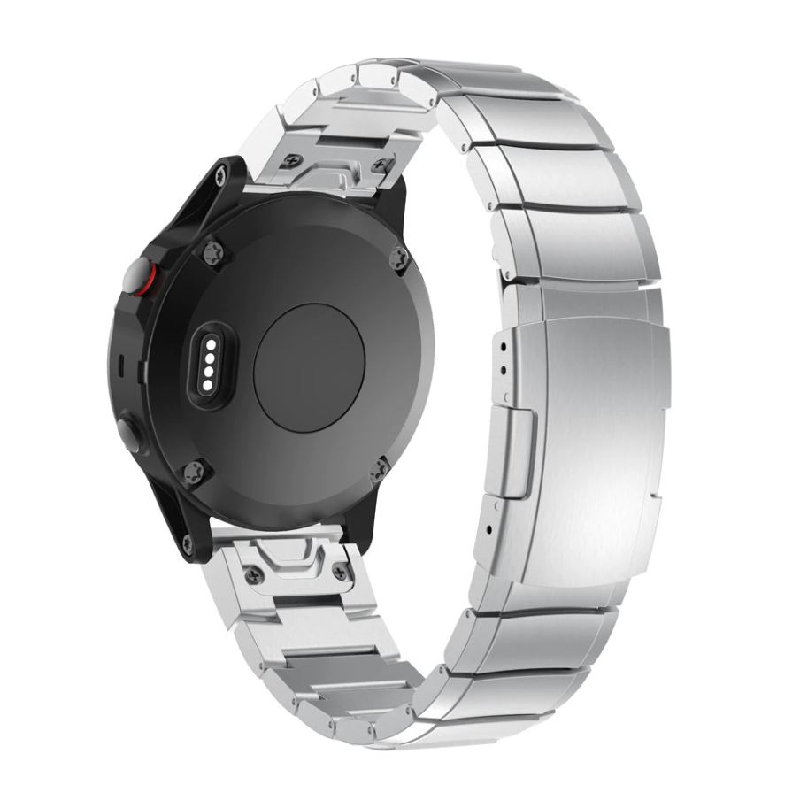 Stainless steel QuickFit link bracelet for smartwatch with silver metal band and secure clasp closure