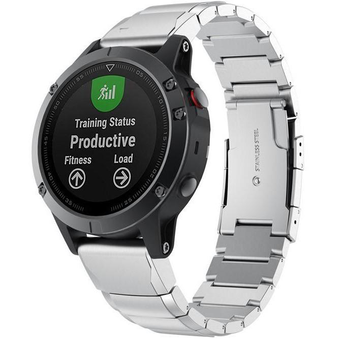 Black and silver sports smartwatch with QuickFit link bracelet displaying training status and fitness metrics on screen