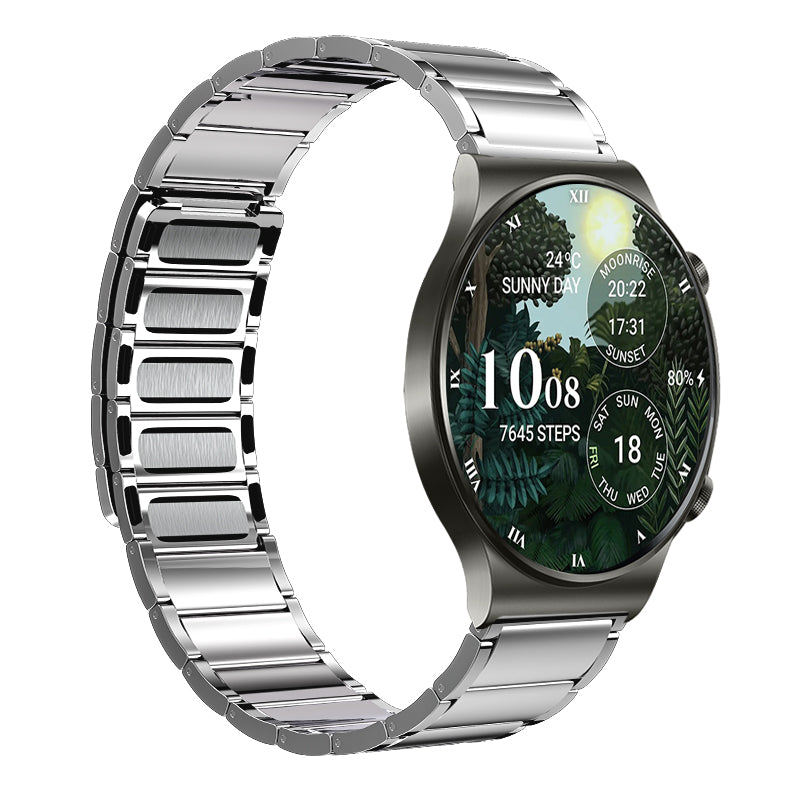 Silver stainless steel magnetic bracelet with link band for Galaxy Watch 4-7, displayed with smartwatch showing time and health metrics