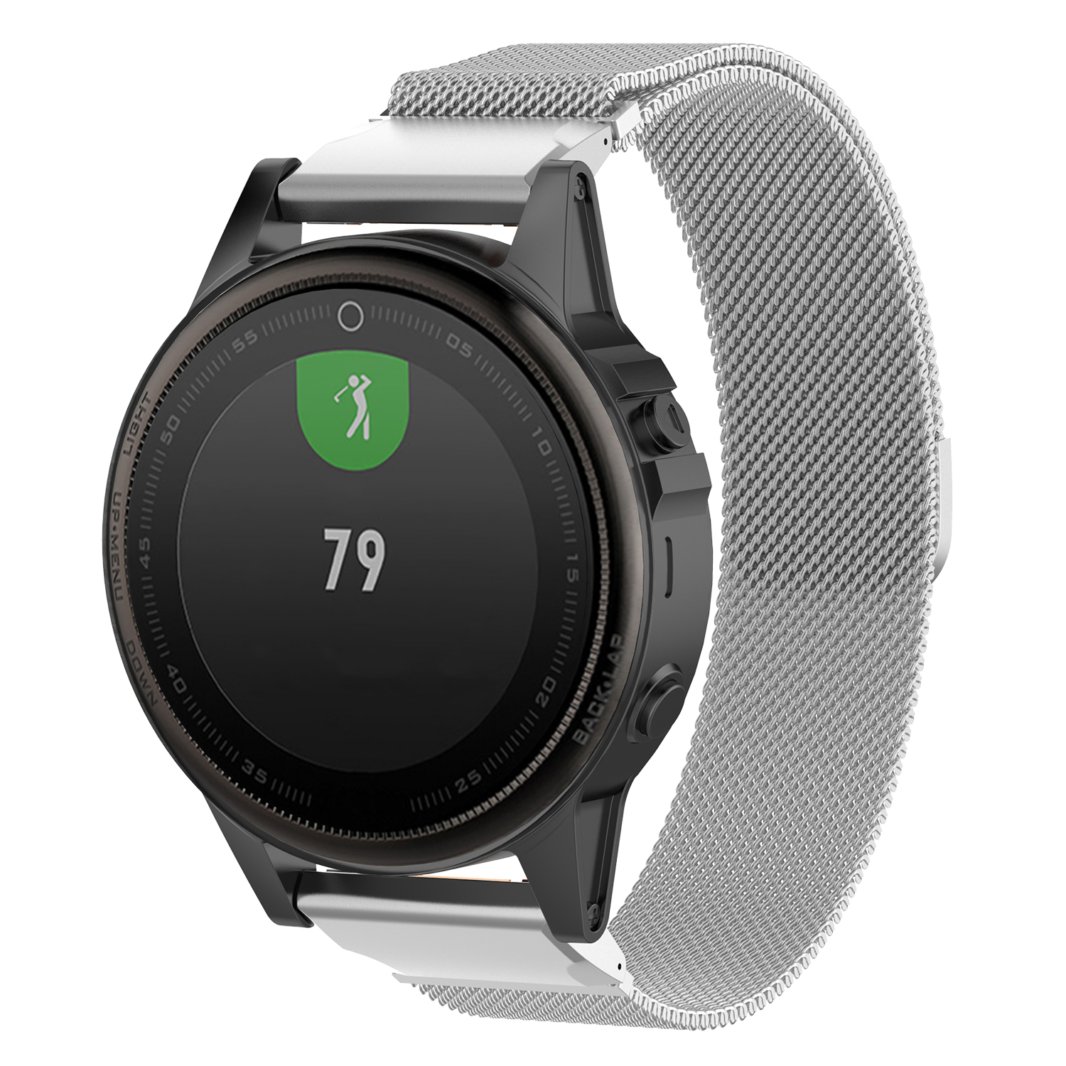 Black and silver golf smartwatch with Milanese mesh band displaying golf score 79 and swing icon