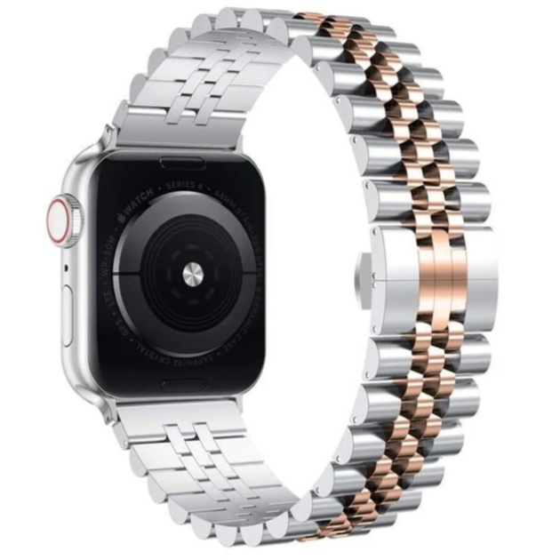Silver and rose gold two-tone Jubilee bracelet for Apple Watch with stainless steel links and end connectors