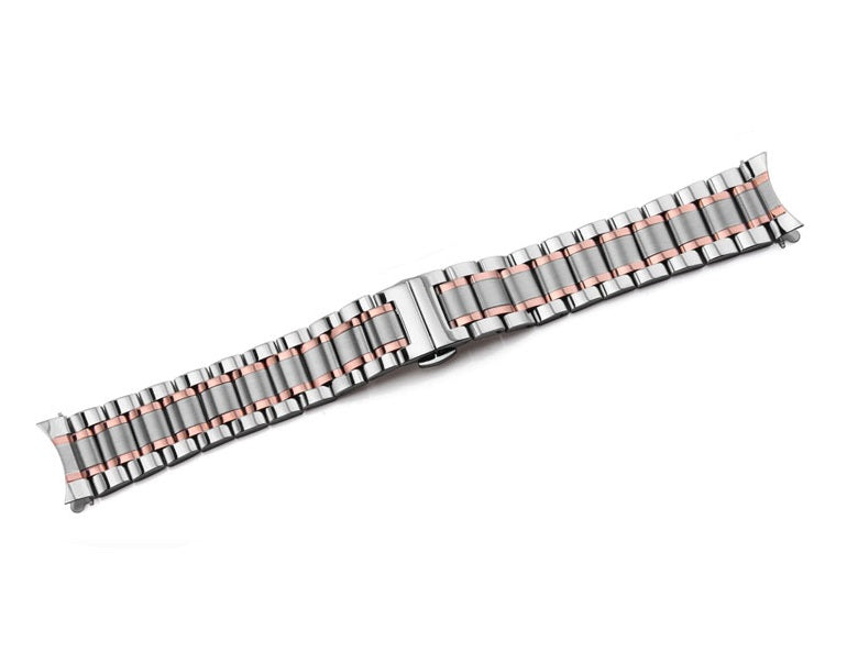 Two-tone stainless steel watch bracelet with curved links in silver and rose gold finish
