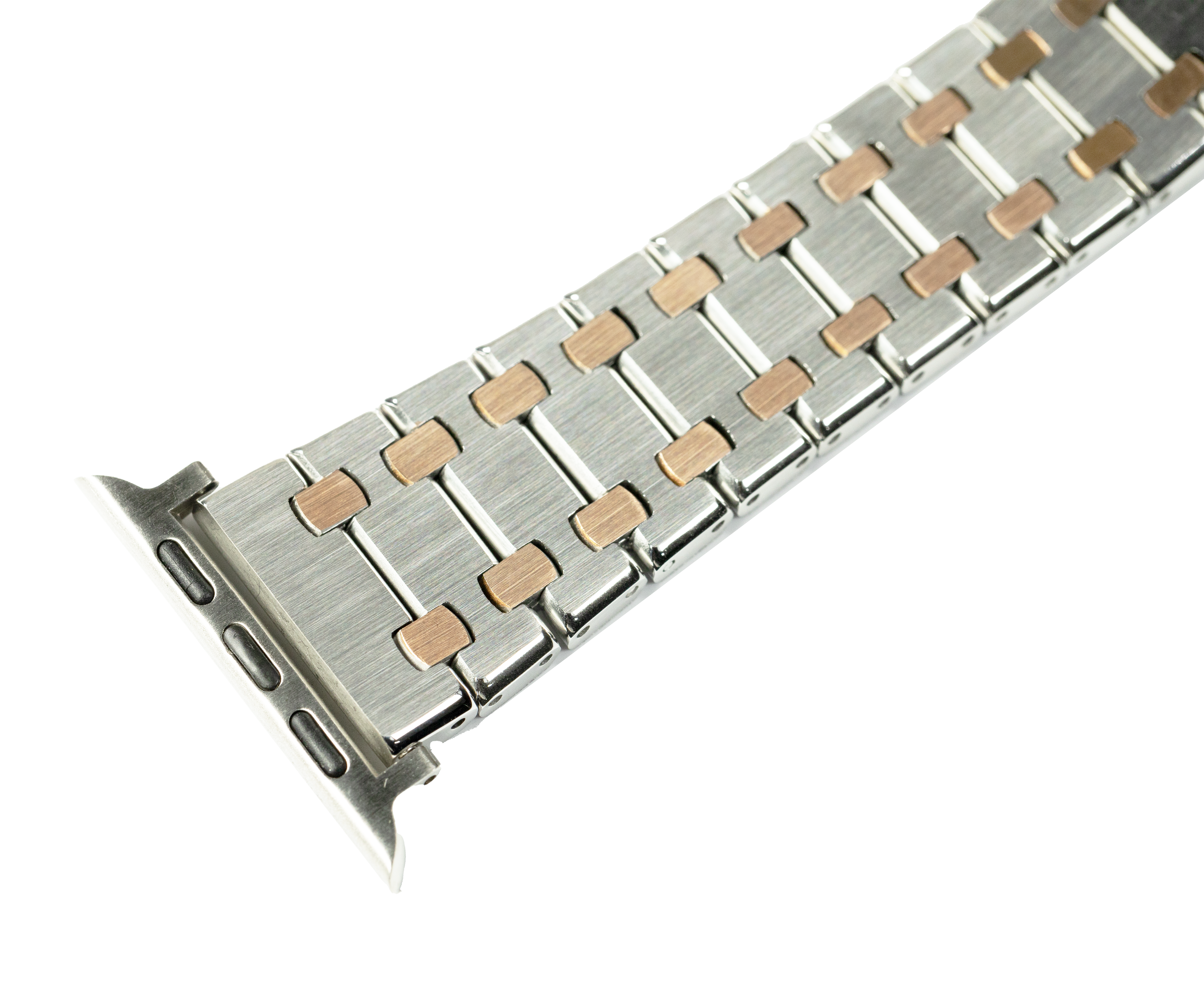 Two-tone silver and rose gold stainless steel Apple Watch band with brushed metal link bracelet design