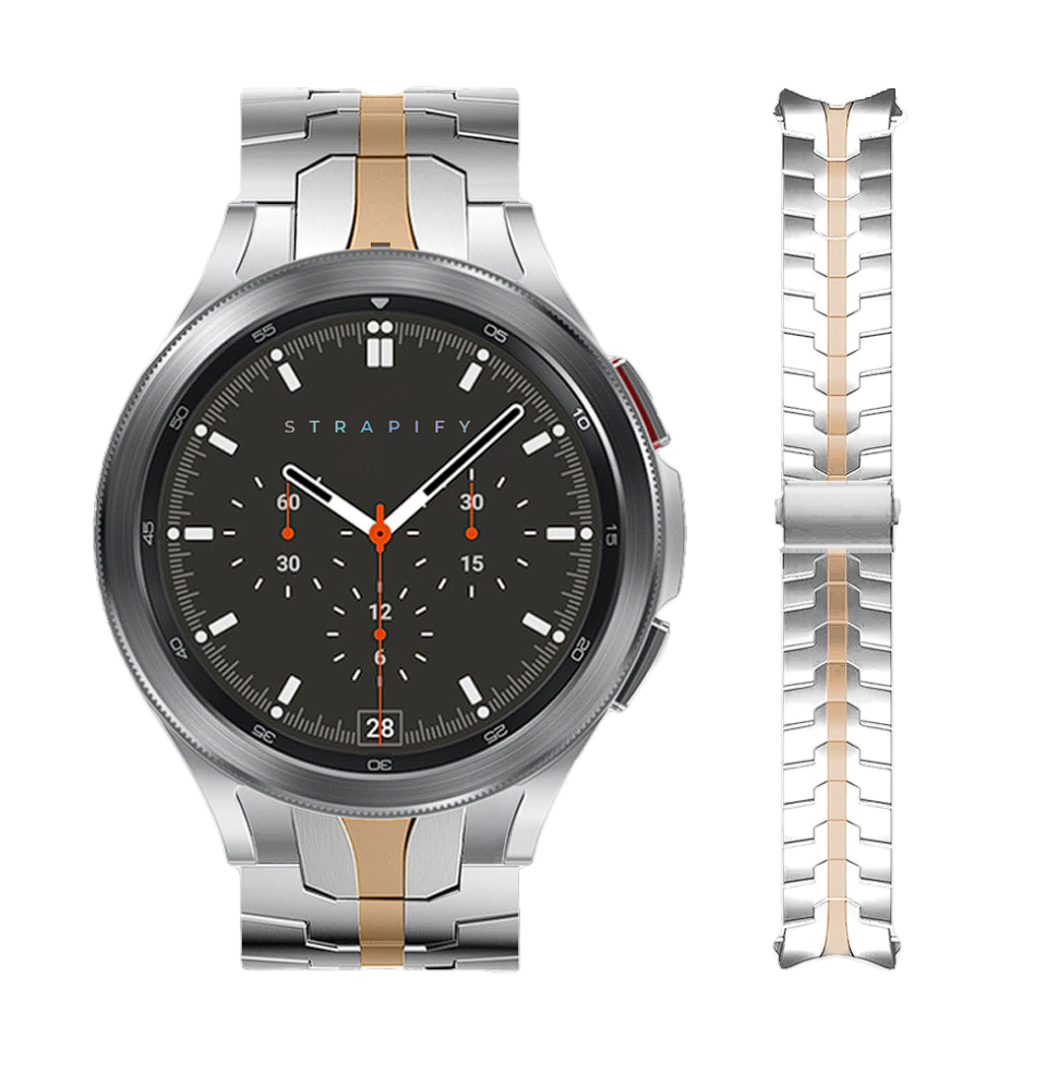 Silver and rose gold two-tone steel bracelet with mesh links designed for Galaxy Watch 4-7, shown with matching chronograph smartwatch featuring black dial and orange accents