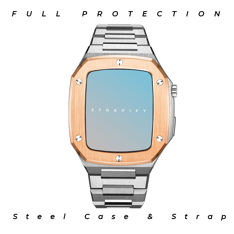 Luxury steel smartwatch with rose gold bezel, silver metal bracelet, and blue display screen featuring full protective case design