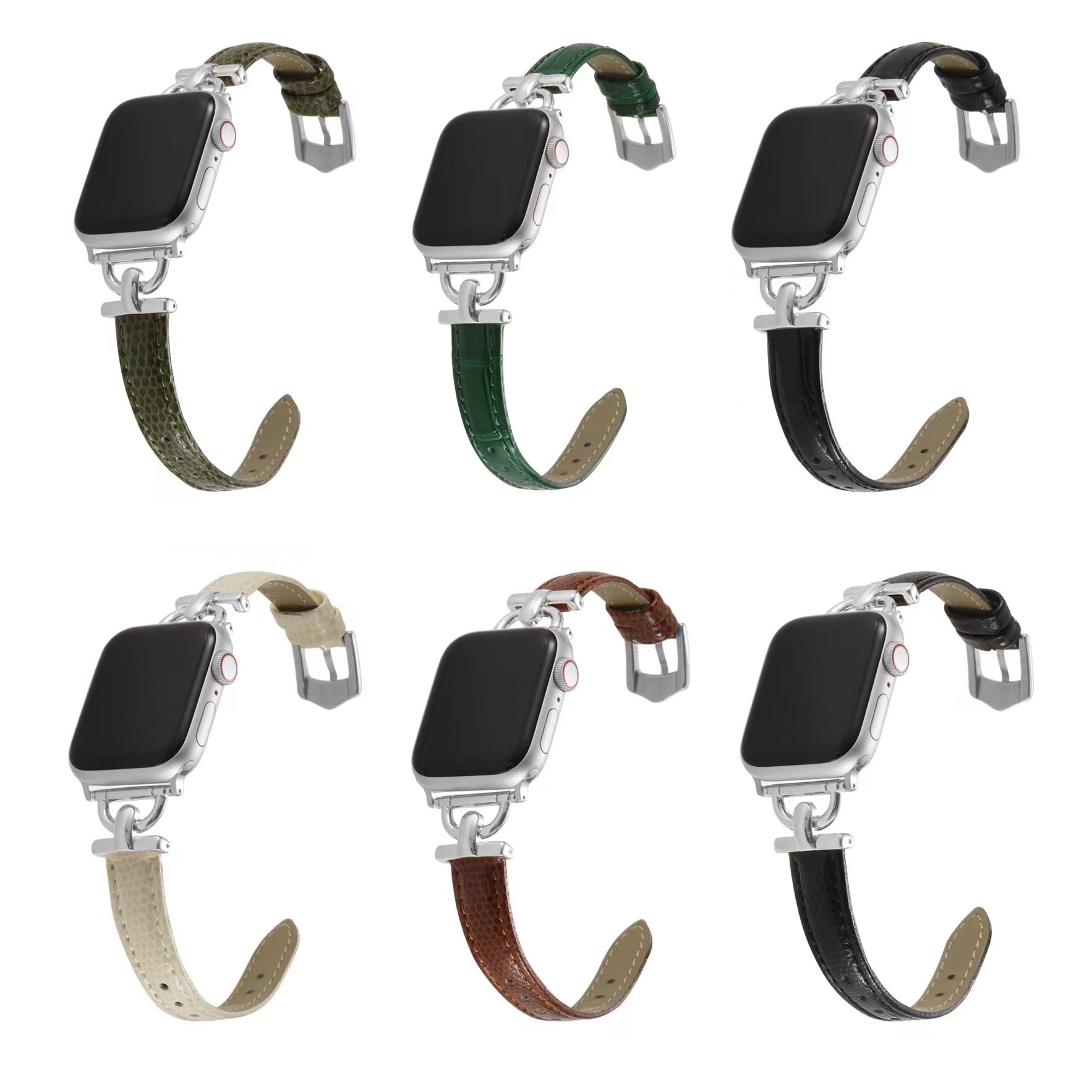 Silver Apple Watch with interchangeable leather link bands in olive, green, black, cream, brown, and charcoal colors