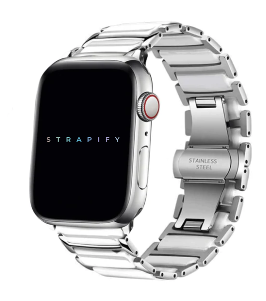 Silver stainless steel link bracelet with ceramic elements for Apple Watch, compatible with smartwatch bands