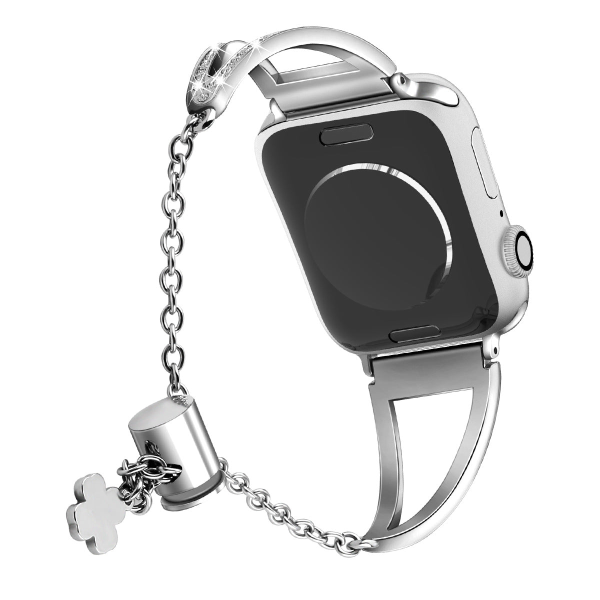 Silver stainless steel bracelet band with decorative chain charm for Apple Watch, nude shimmer design