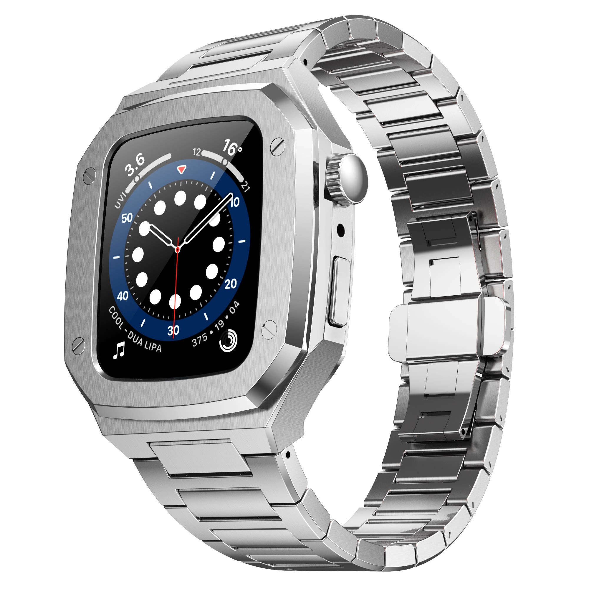 Silver stainless steel smartwatch with square case, black dial, blue bezel, and matching metal band bracelet