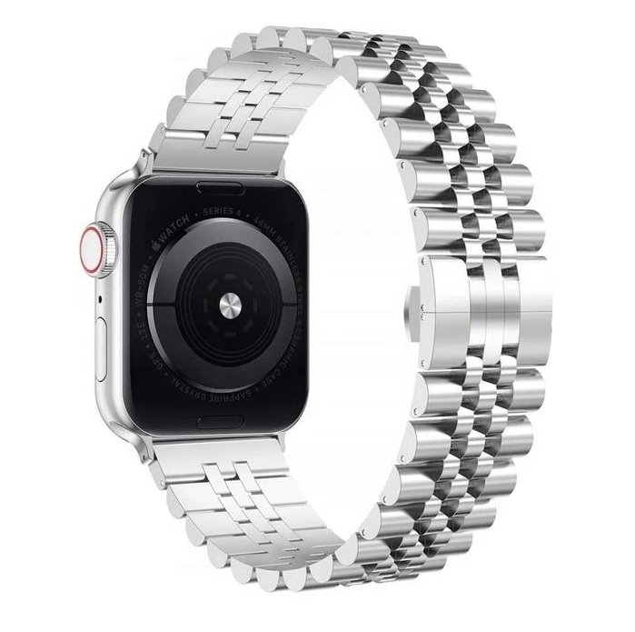 Silver stainless steel Jubilee bracelet for Apple Watch with three-link design and integrated watch band connector