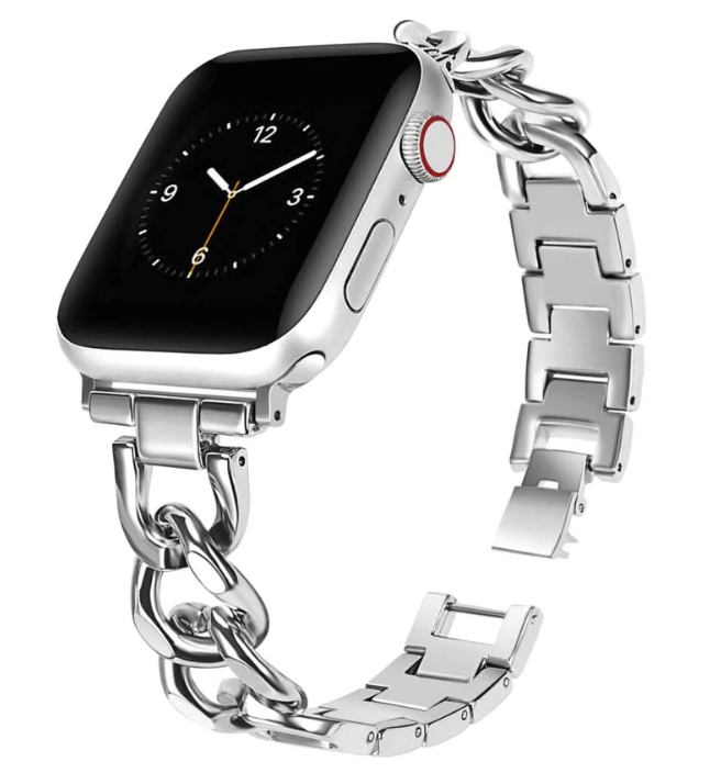 Silver stainless steel chain link bracelet band for Apple Watch with decorative link design and secure clasp closure