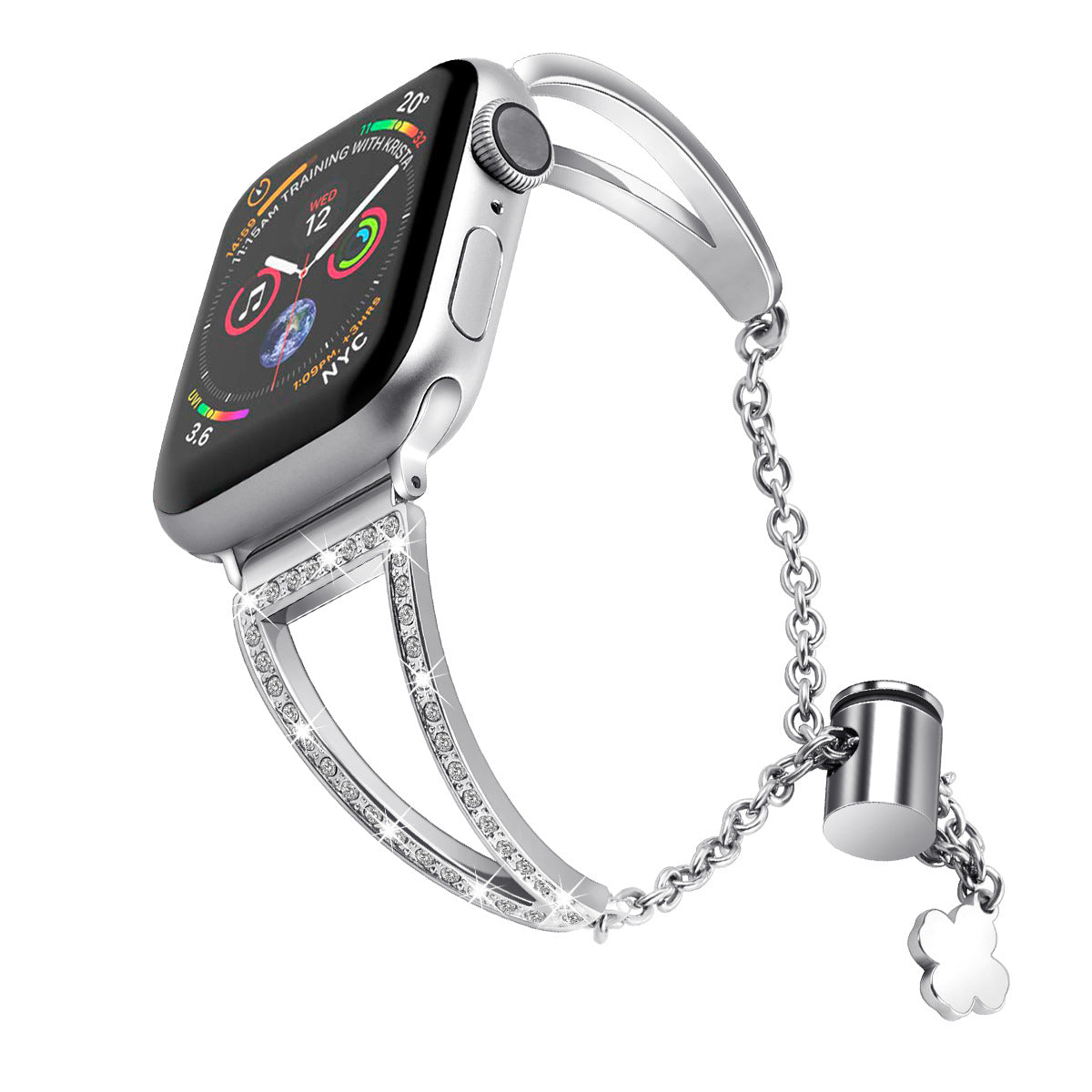 Silver smartwatch with crystal-studded bracelet band and charm pendant, displaying colorful activity rings on black digital face