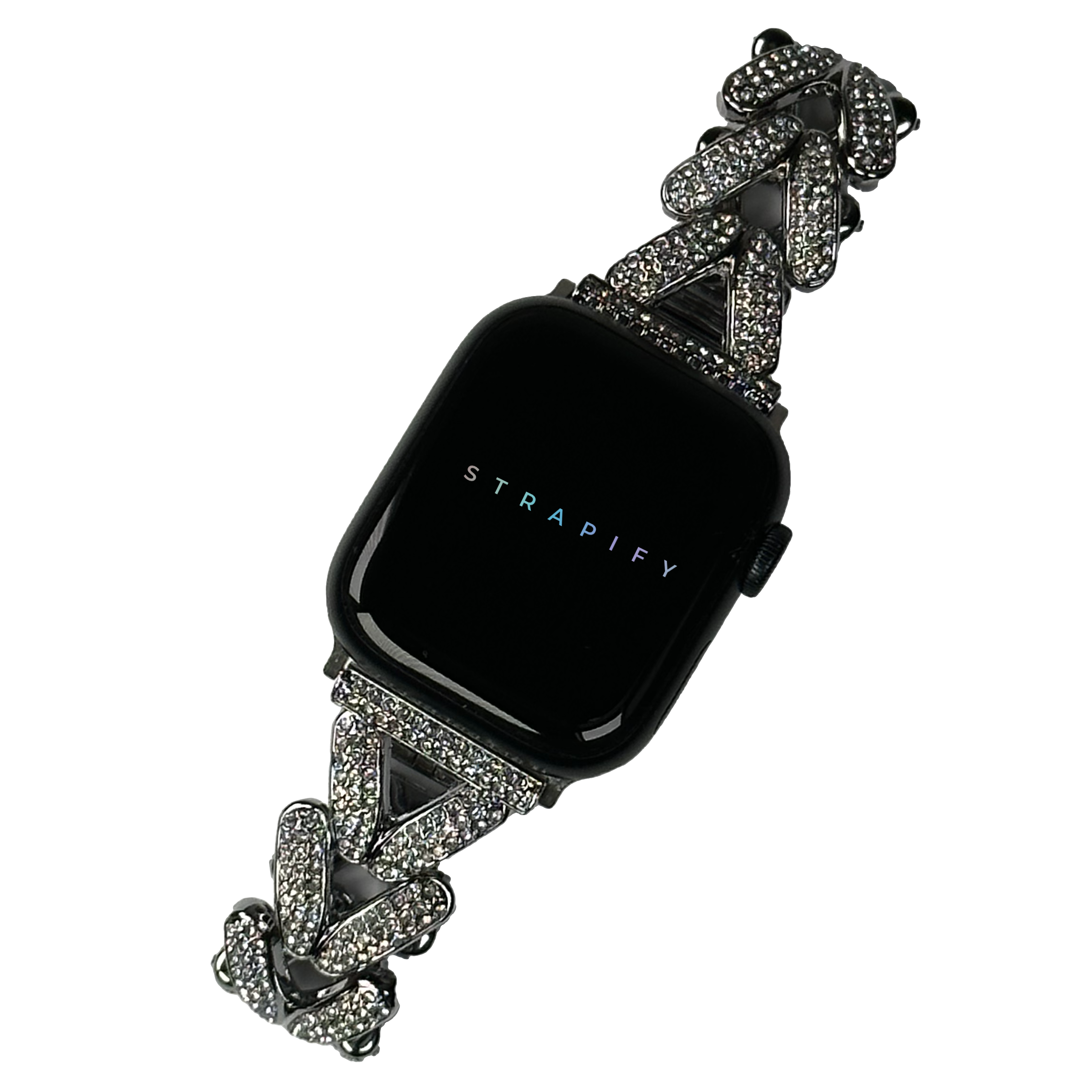 Black smartwatch with Strapify crystal-studded V-link bracelet featuring geometric diamond-shaped links