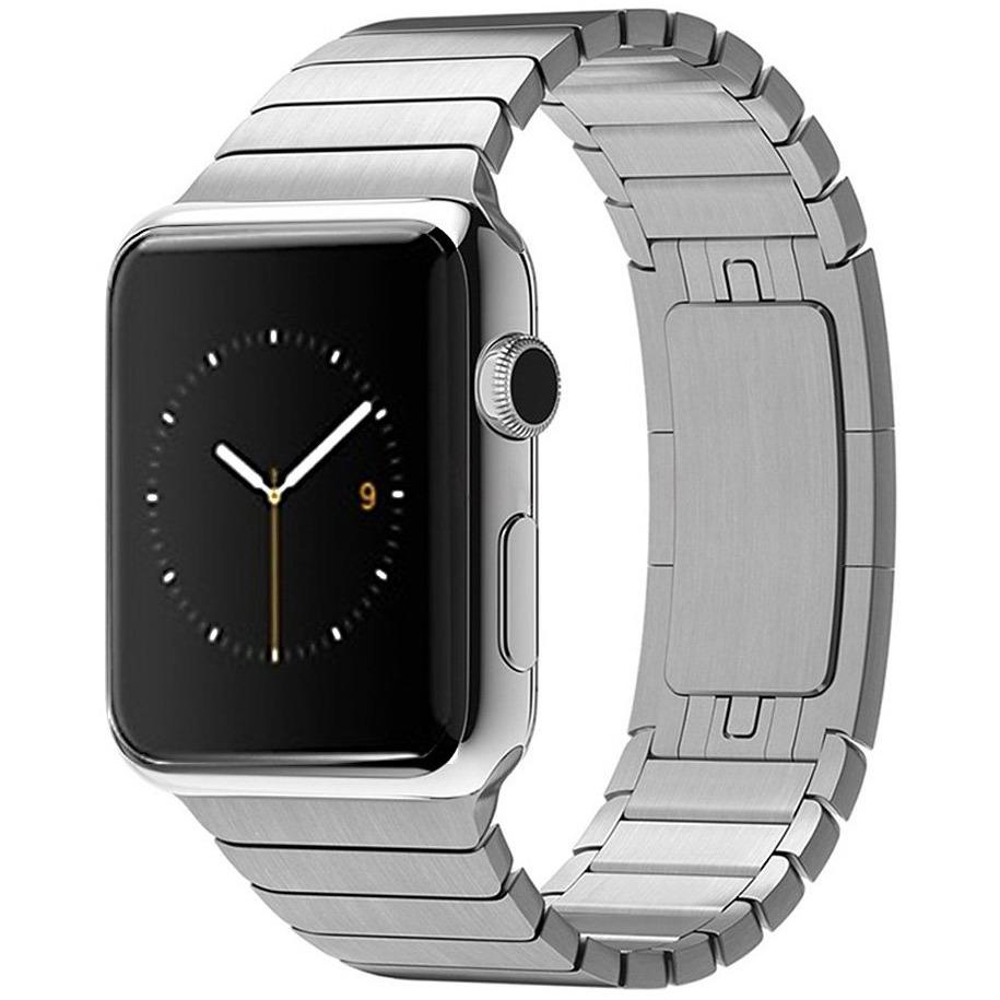 Silver stainless steel link bracelet smartwatch with black digital display showing time, side button and crown
