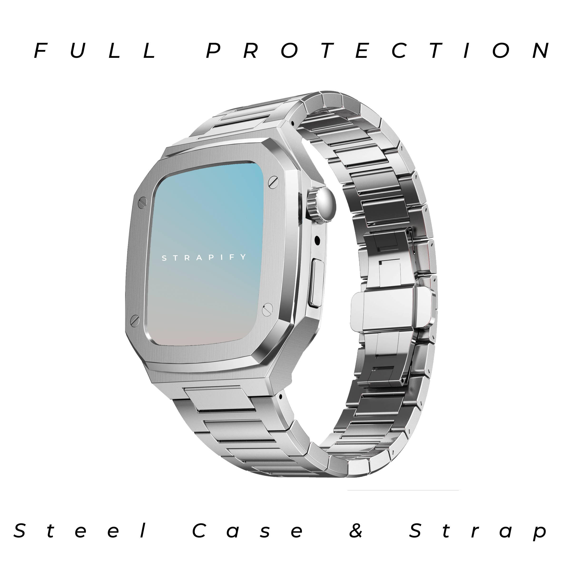 Silver stainless steel smartwatch case with matching metal link band and square face display