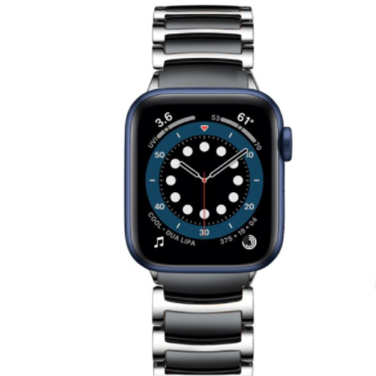 Blue ceramic smartwatch with stainless steel and black link band, dial complications display