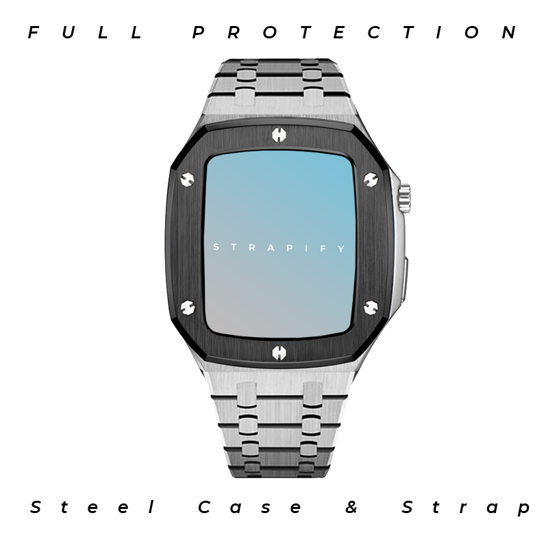 Strapify medallion luxury steel smartwatch case with silver bracelet band and black bezel for Apple Watch full protection
