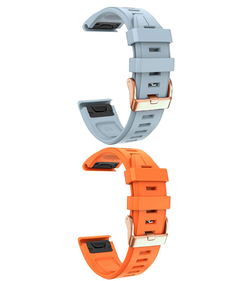 QuickFit 20mm flexi silicone watch bands in light blue and orange with rose gold hardware buckles