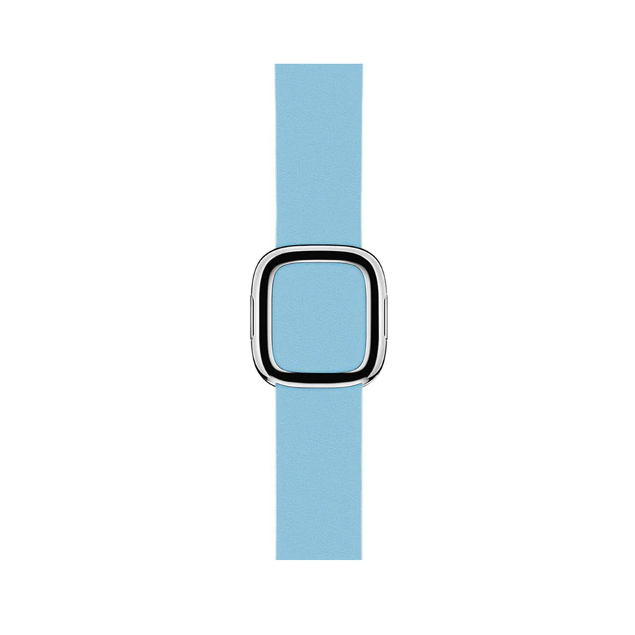 Light blue silicone Apple Watch band with modern stainless steel buckle closure